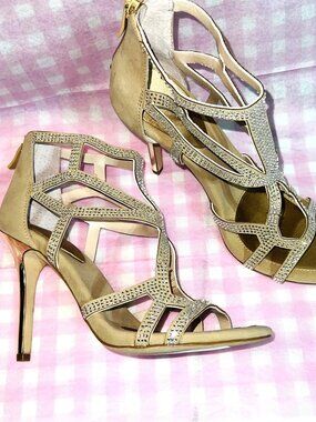 BCBGGeneration 7.5M Women’s Gold Rhinestone Suede High Heel Sandals Back Zipper